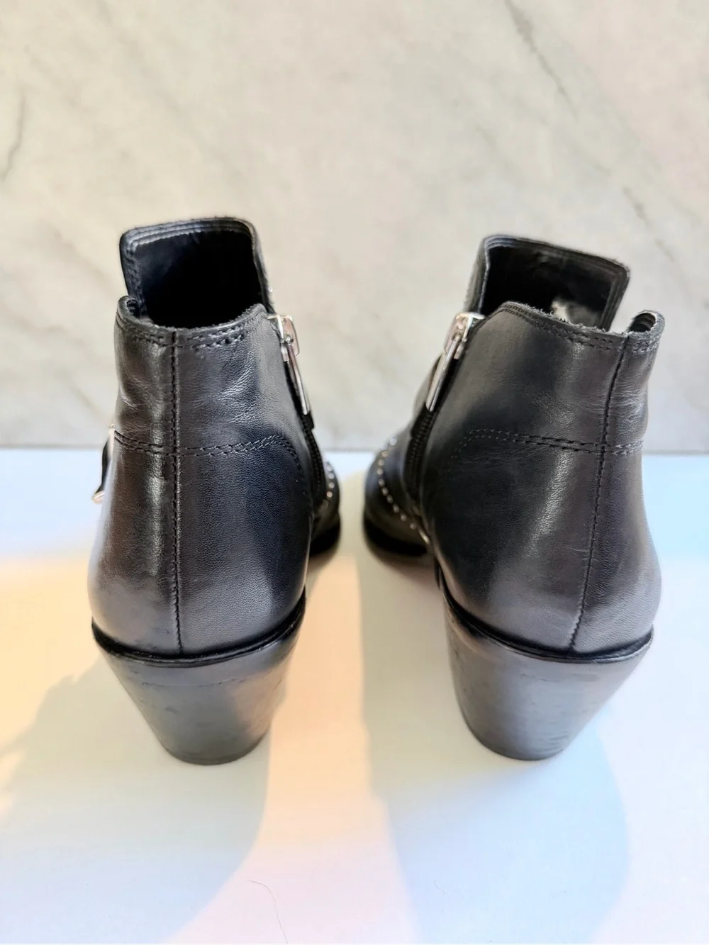 Vince Camuto Black Leather Studded Ankle Booties Western Moto Boots
